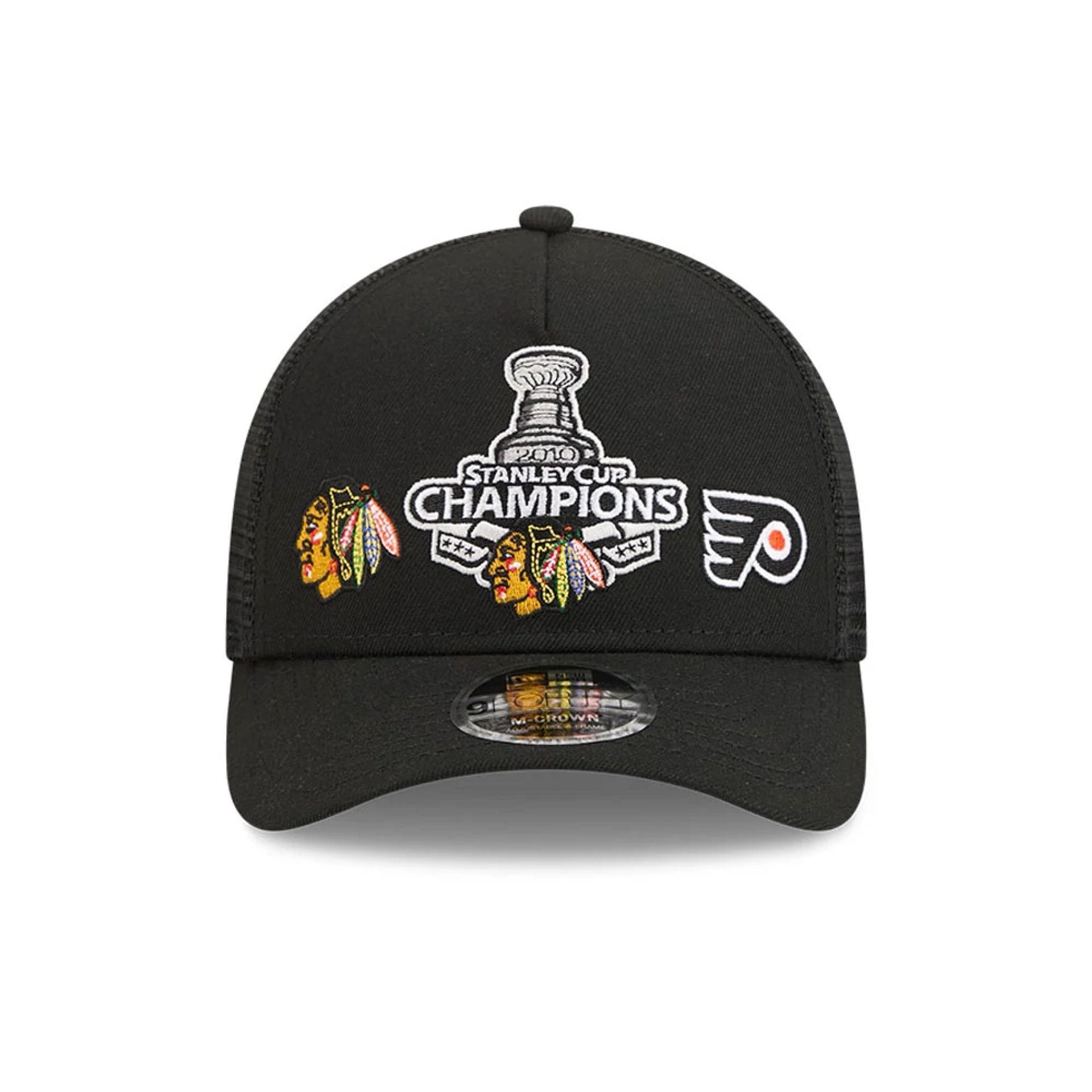 Pictured is this NHL Stanley Cup Champions Chicago Blackhawks 9FORTY M-Crown A-Frame Trucker Adjustable cap in black. 3