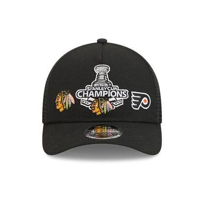 Pictured is this NHL Stanley Cup Champions Chicago Blackhawks 9FORTY M-Crown A-Frame Trucker Adjustable cap in black. 3