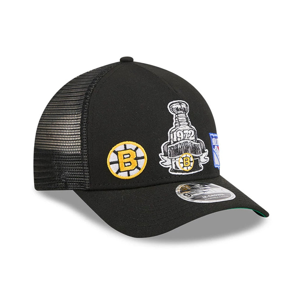 Pictured is this NHL Stanley Cup Champions Boston Bruins 9FORTY M-Crown A-Frame Trucker Adjustable cap in black. 4