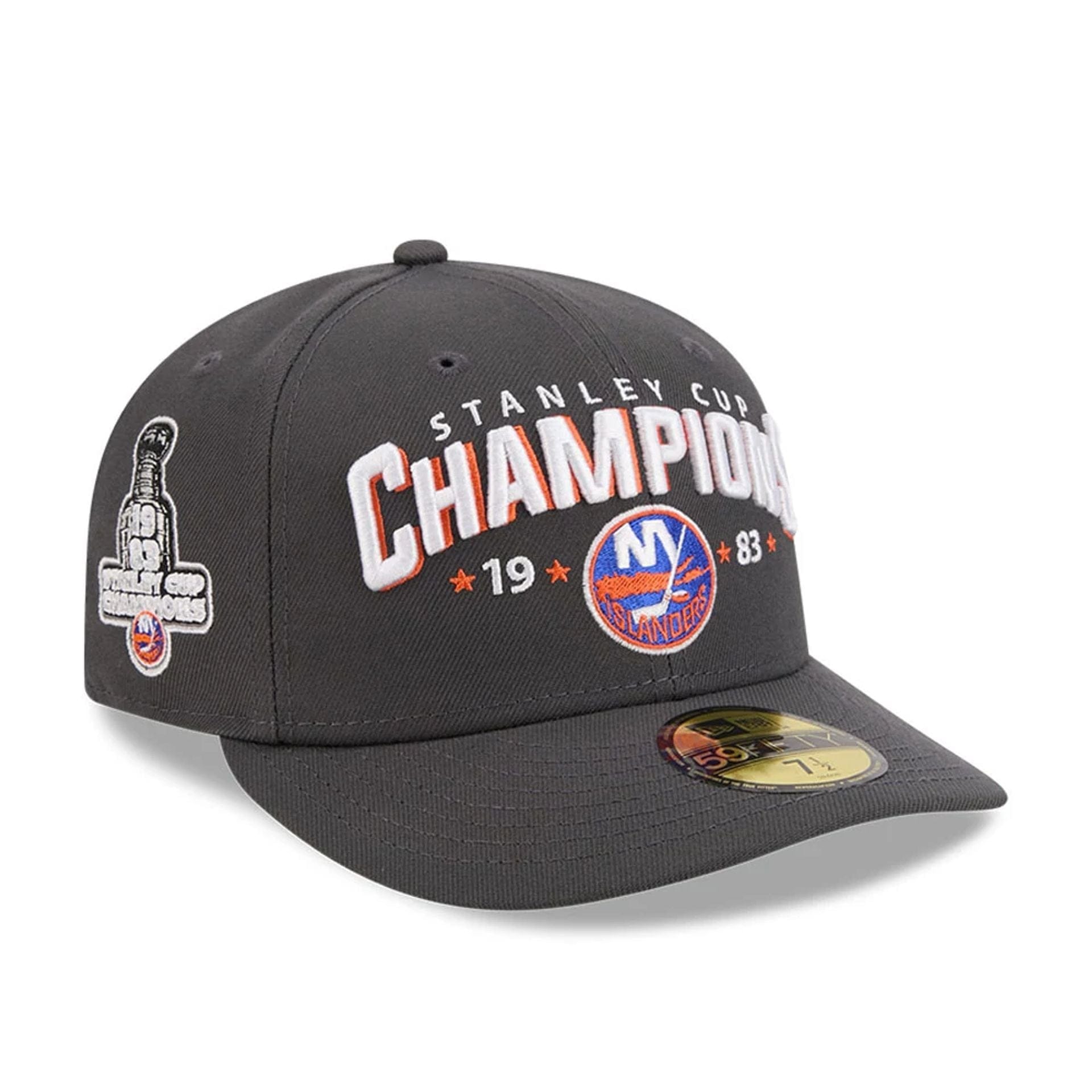 Pictured is this NHL Stanley Cup Champions New York Islanders 59FIFTY Fitted cap in dark grey. 1