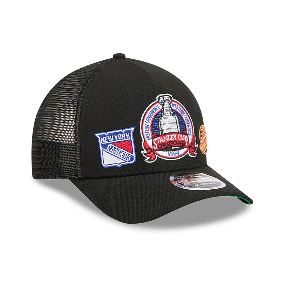 Pictured is this NHL Stanley Cup Champions New York Rangers 9FORTY M-Crown A-Frame Trucker Adjustable cap in black. 4