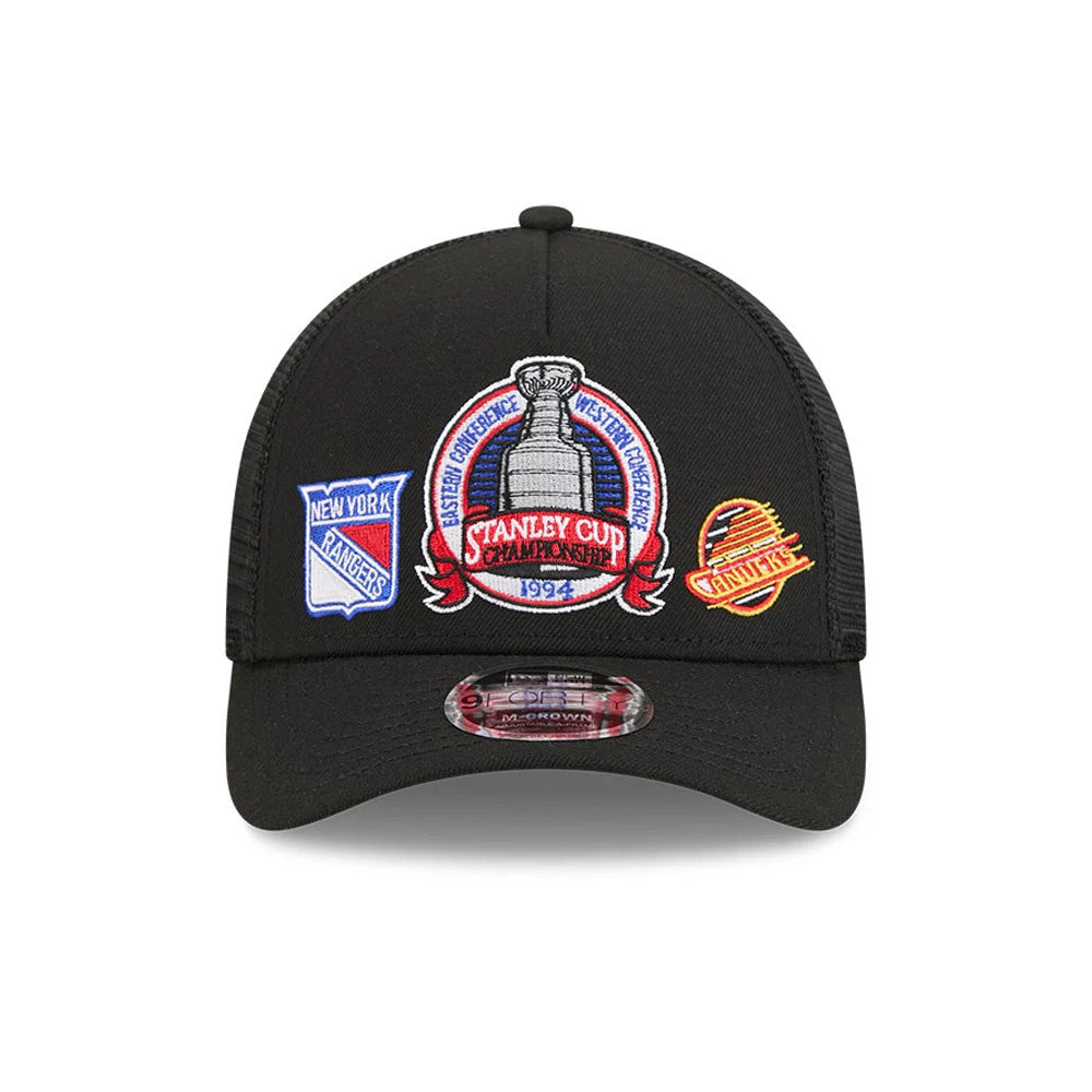 Pictured is this NHL Stanley Cup Champions New York Rangers 9FORTY M-Crown A-Frame Trucker Adjustable cap in black. 3