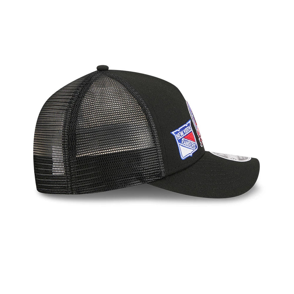 Pictured is this NHL Stanley Cup Champions New York Rangers 9FORTY M-Crown A-Frame Trucker Adjustable cap in black. 6