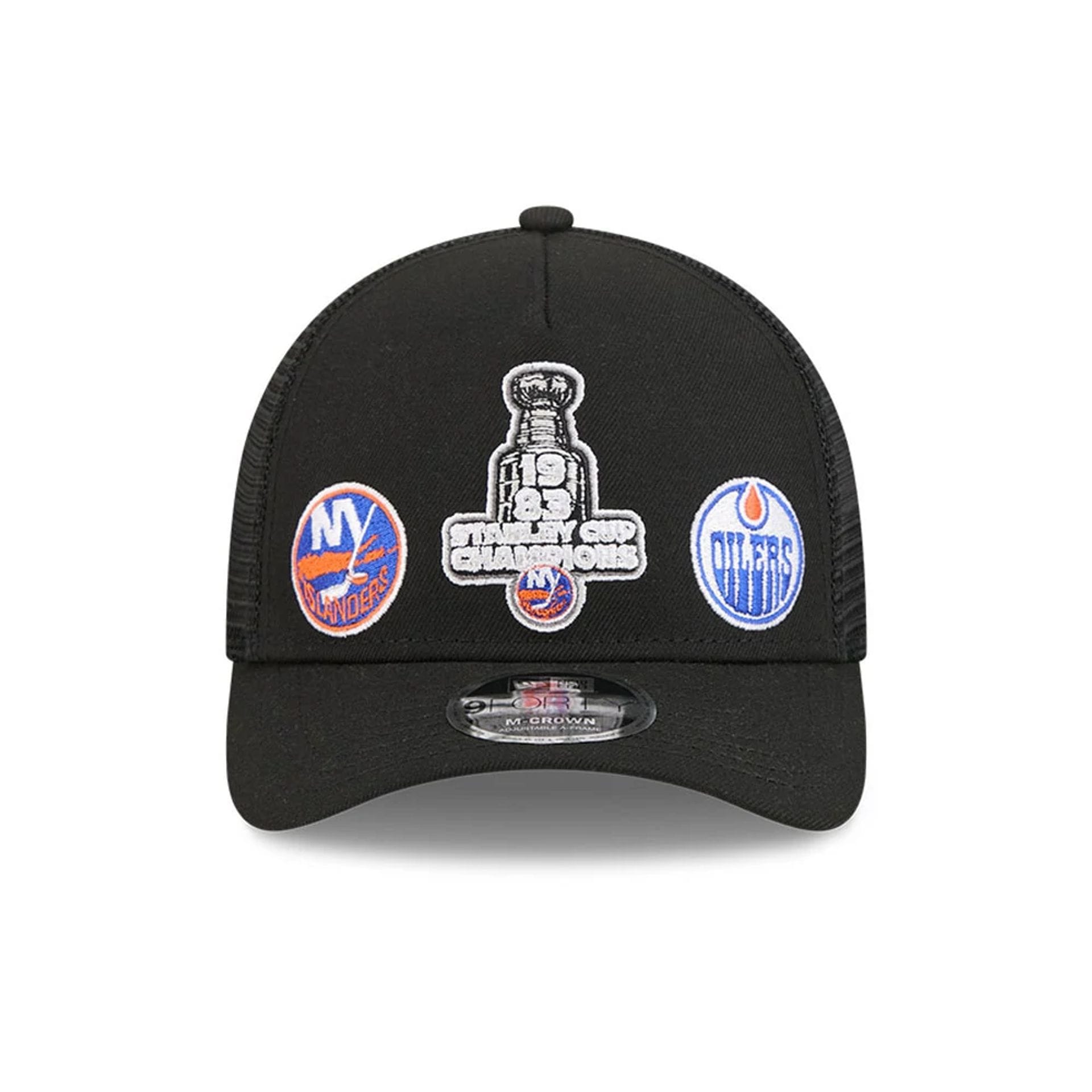 Pictured is this NHL Stanley Cup Champions New York Islanders 9FORTY M-Crown A-Frame Trucker Adjustable cap in black. 3