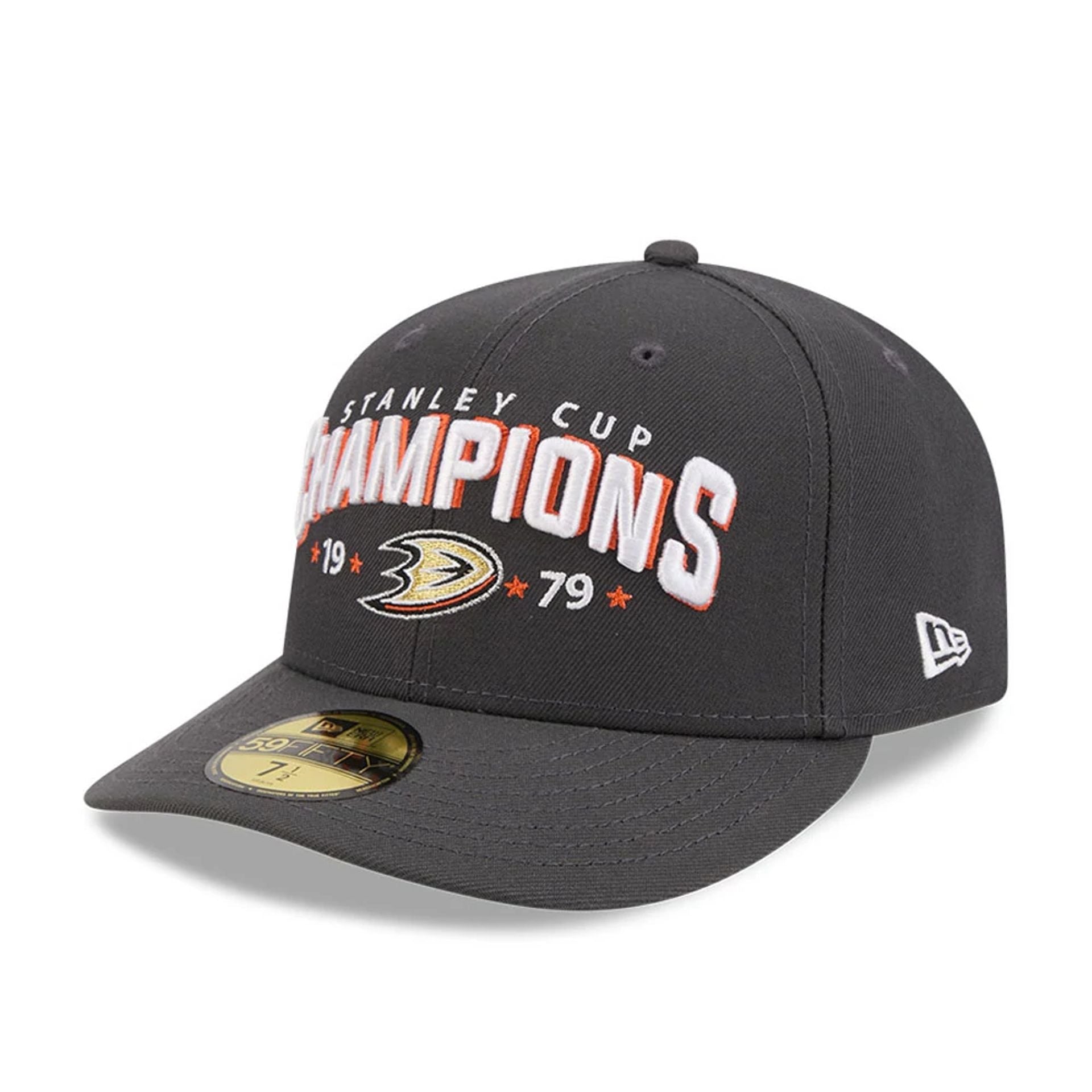 Pictured is this NHL Stanley Cup Champions Anaheim Ducks 59FIFTY Fitted cap in dark grey. 4