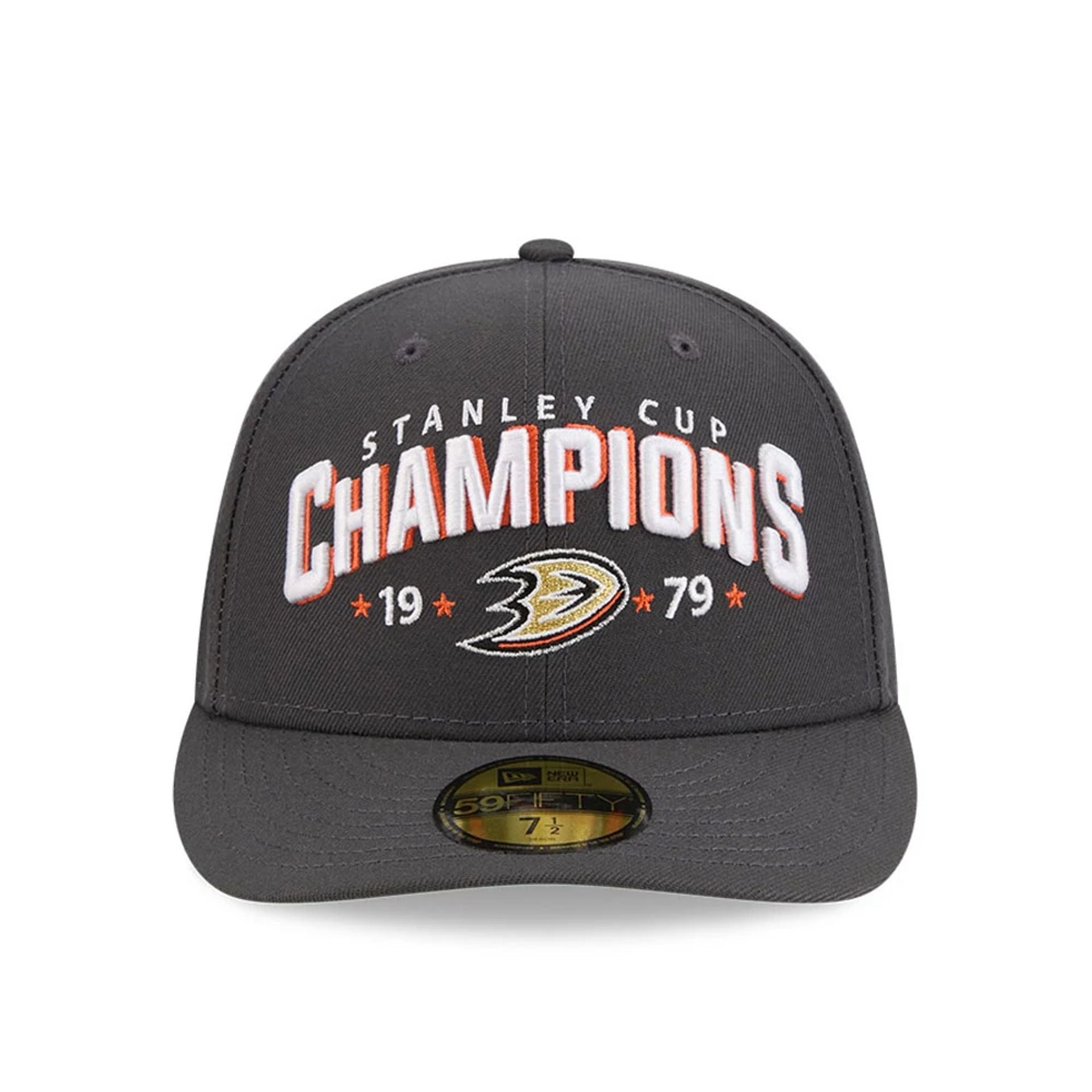 Pictured is this NHL Stanley Cup Champions Anaheim Ducks 59FIFTY Fitted cap in dark grey. 3