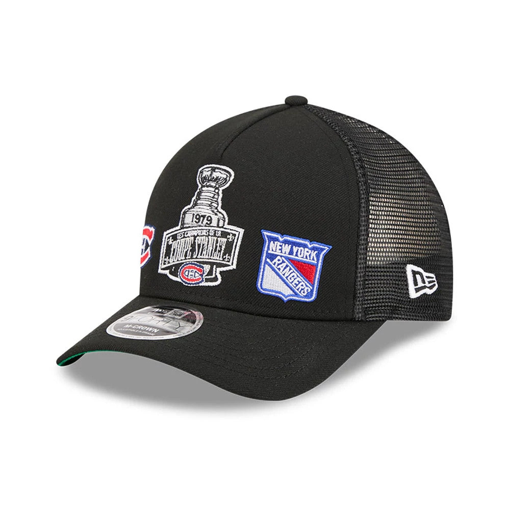 Canadiens NHL Stanley Cup Black New Era 9FORTY M-Crown A-Frame Trucker Adjustable Cap, front view showing the white and black embroidered Stanley Cup graphic on the structured front panel, with side patches.