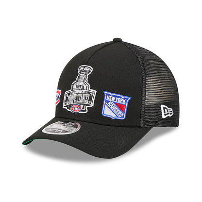 Canadiens NHL Stanley Cup Black New Era 9FORTY M-Crown A-Frame Trucker Adjustable Cap, front view showing the white and black embroidered Stanley Cup graphic on the structured front panel, with side patches.