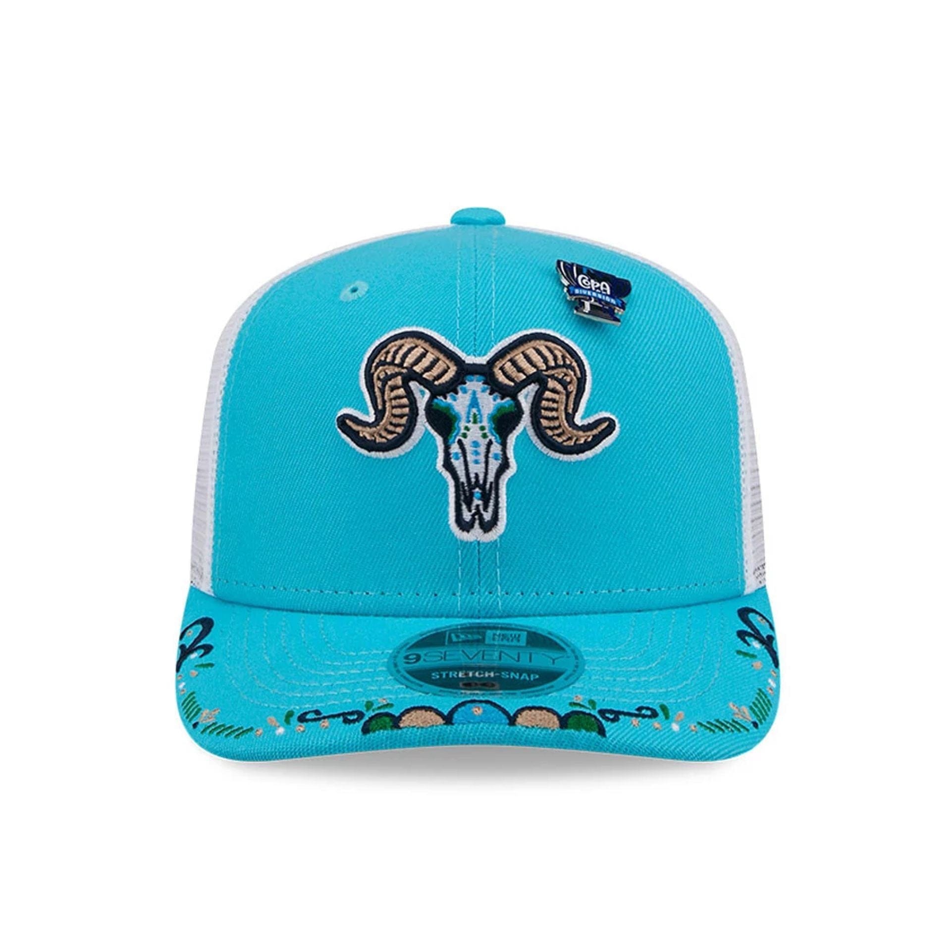 Pictured is this MiLB La Copa 2026 Hartford Yard Goats 9SEVENTY Stretch Snap cap in bright blue. 3