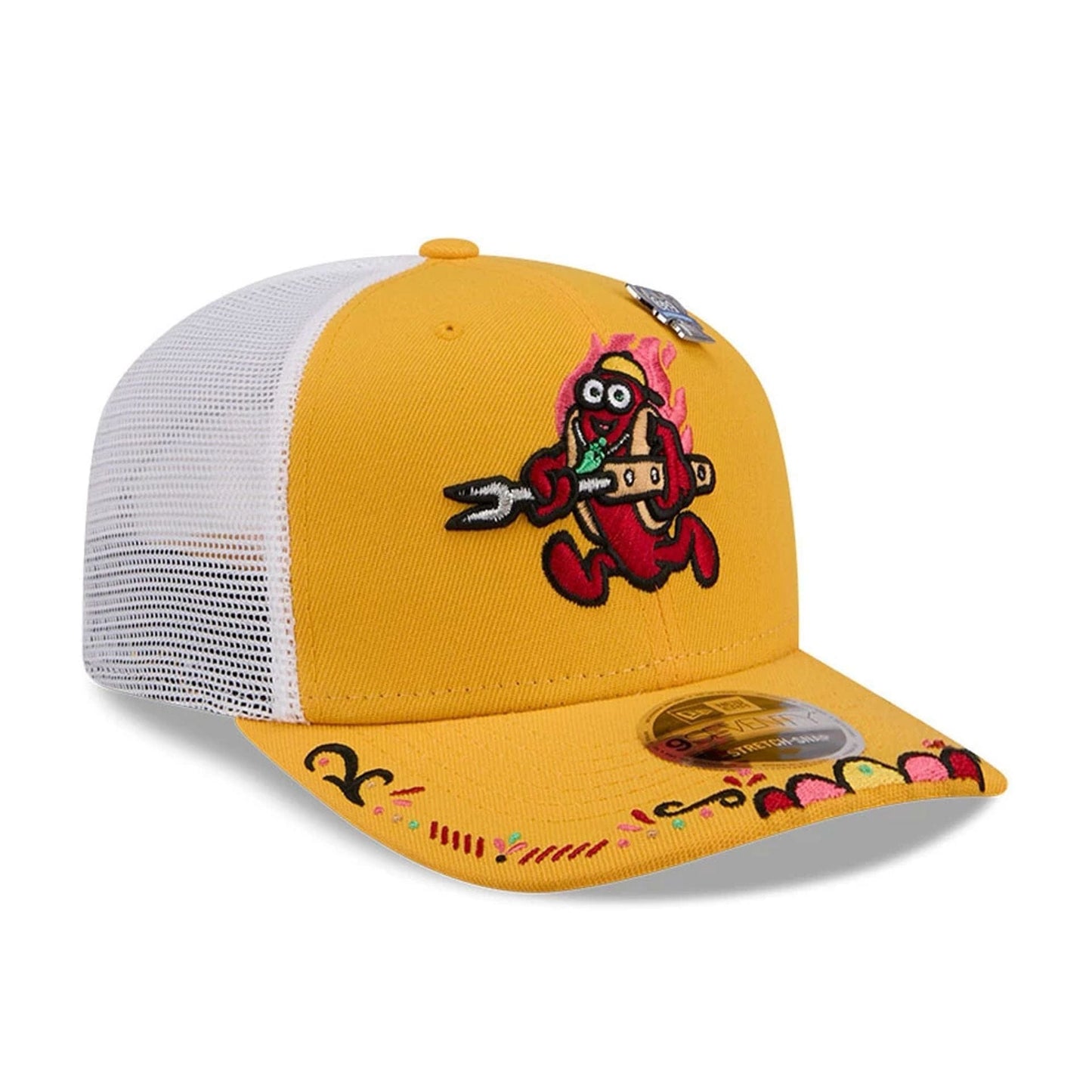 Pictured is this MiLB La Copa 2026 Akron Rubber Ducks 9SEVENTY Stretch Snap cap in dark yellow. 4