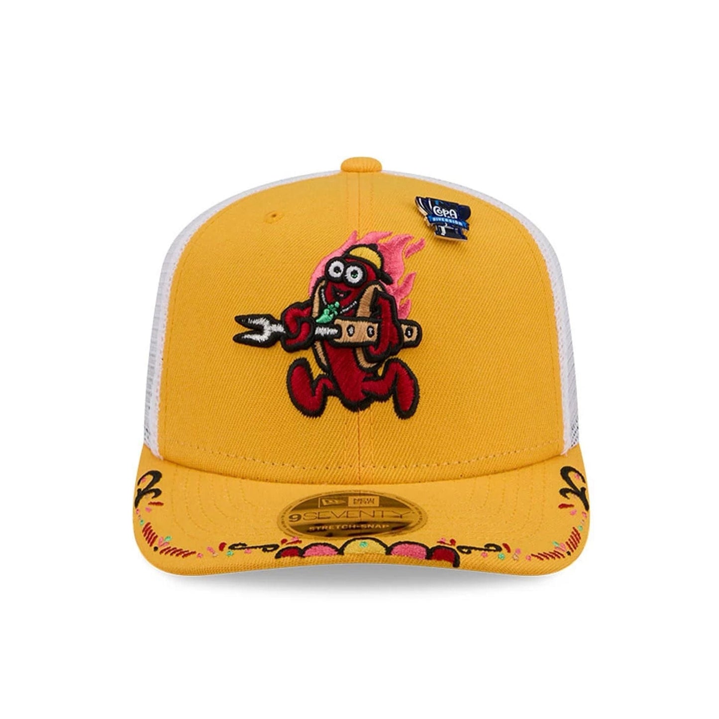 Pictured is this MiLB La Copa 2026 Akron Rubber Ducks 9SEVENTY Stretch Snap cap in dark yellow. 3