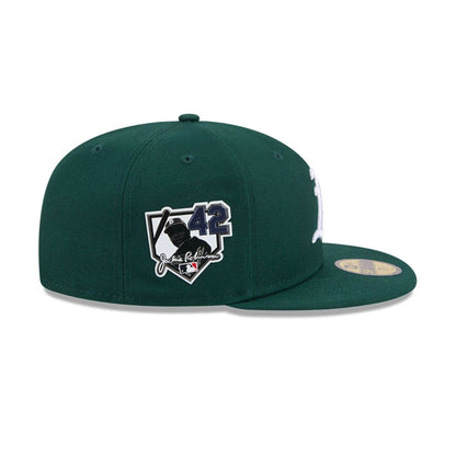 Pictured is this MLB Jackie Robinson Athletics 59FIFTY Fitted cap in dark green. 5
