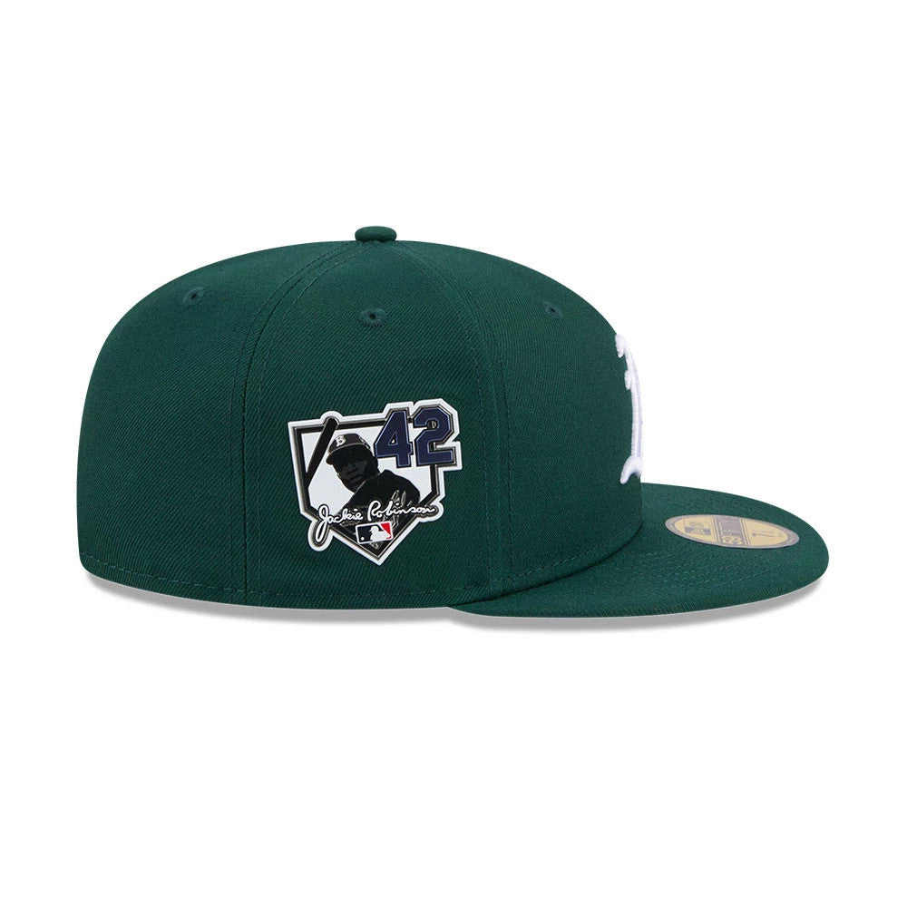 Pictured is this MLB Jackie Robinson Athletics 59FIFTY Fitted cap in dark green. 5