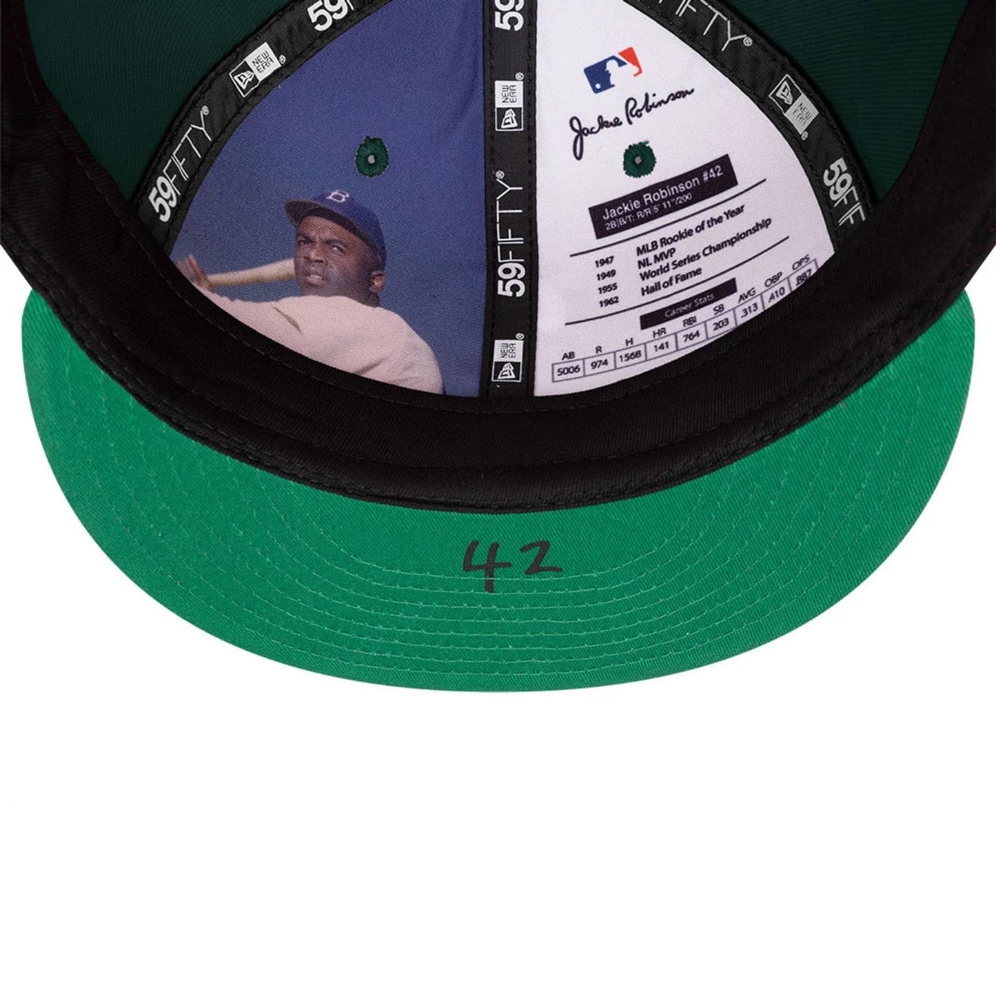 Pictured is this MLB Jackie Robinson Athletics 59FIFTY Fitted cap in dark green. 8