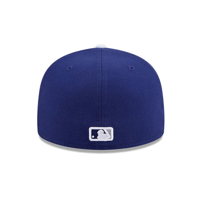 Brooklyn Dodgers MLB Jackie Robinson Navy New Era 59FIFTY Fitted Cap, rear view showing the white embroidered MLB Batterman logo centred on the back panels, with a structured navy crown and matching colour eyelets.