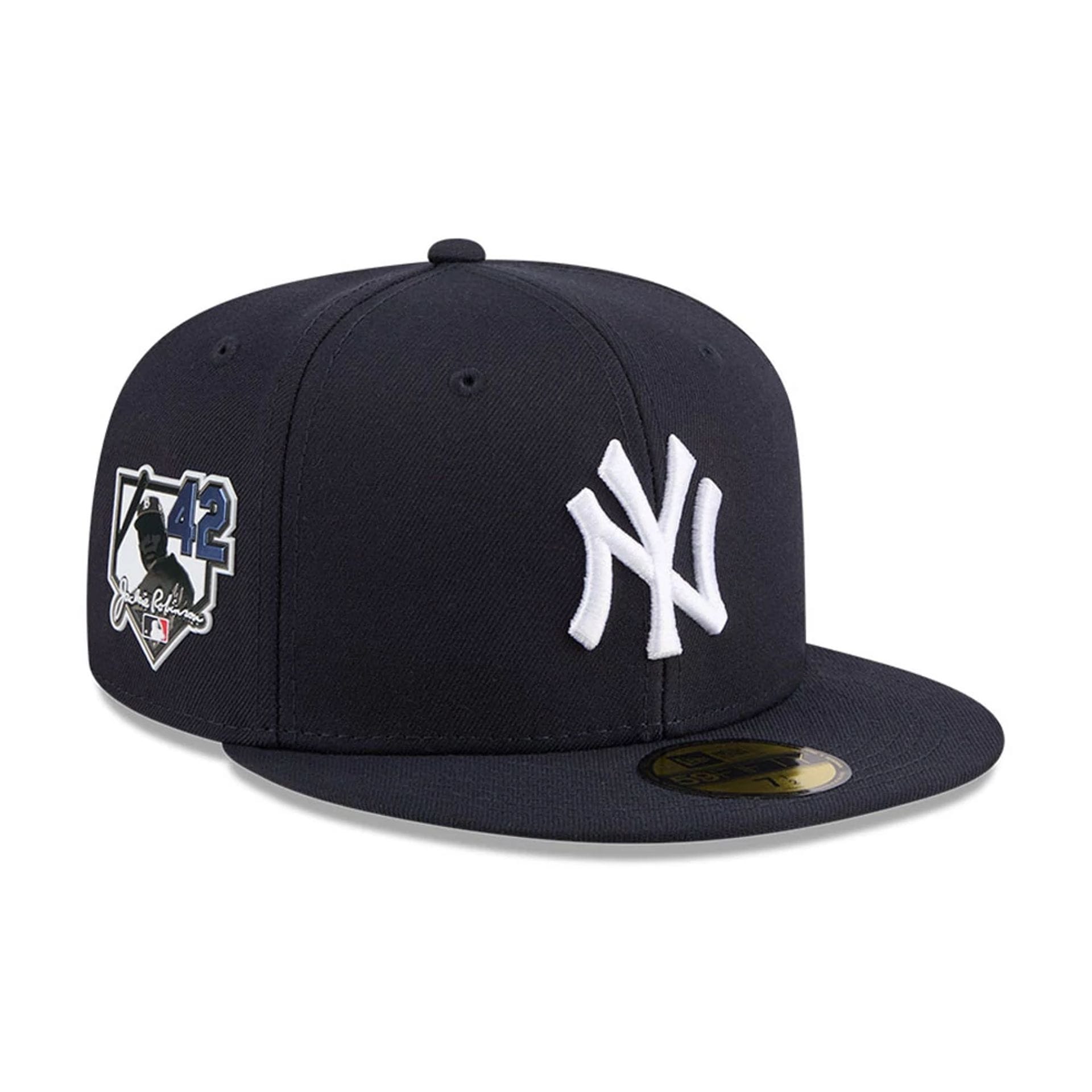 Pictured is this MLB Jackie Robinson New York Yankees 59FIFTY Fitted cap in navy. 1