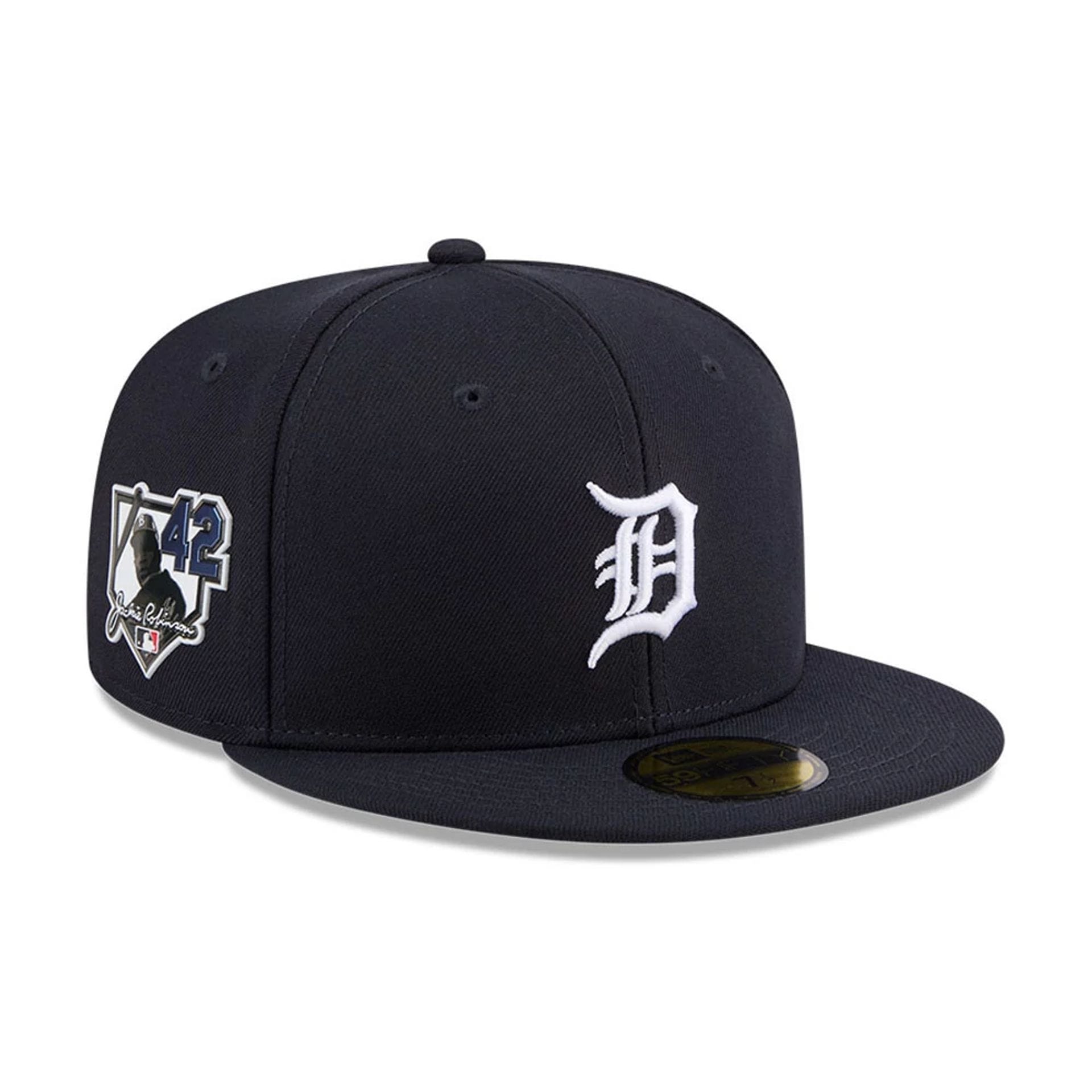 Pictured is this MLB Jackie Robinson Detroit Tigers 59FIFTY Fitted cap in navy. 1