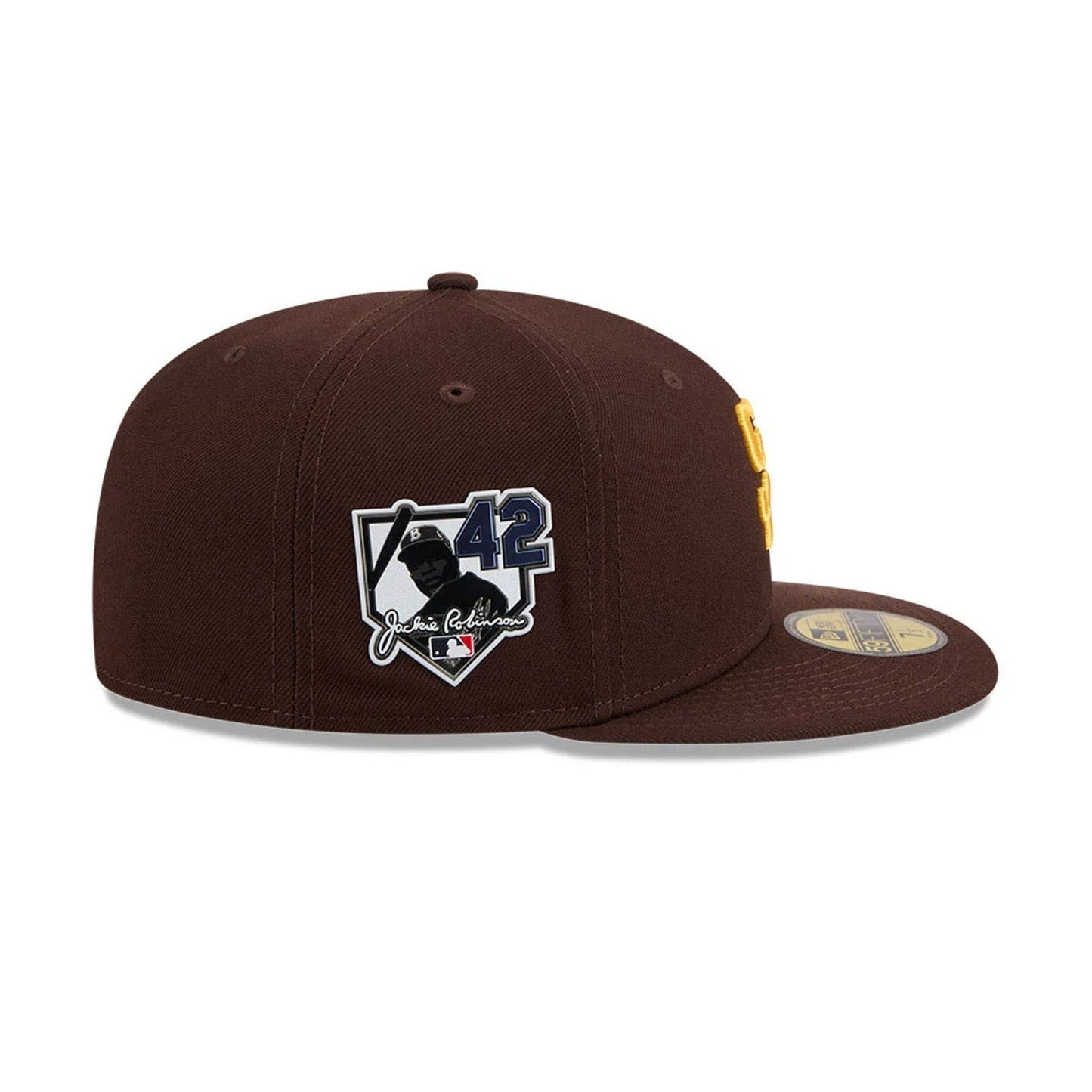 Pictured is this MLB Jackie Robinson San Diego Padres 59FIFTY Fitted cap in dark brown. 5