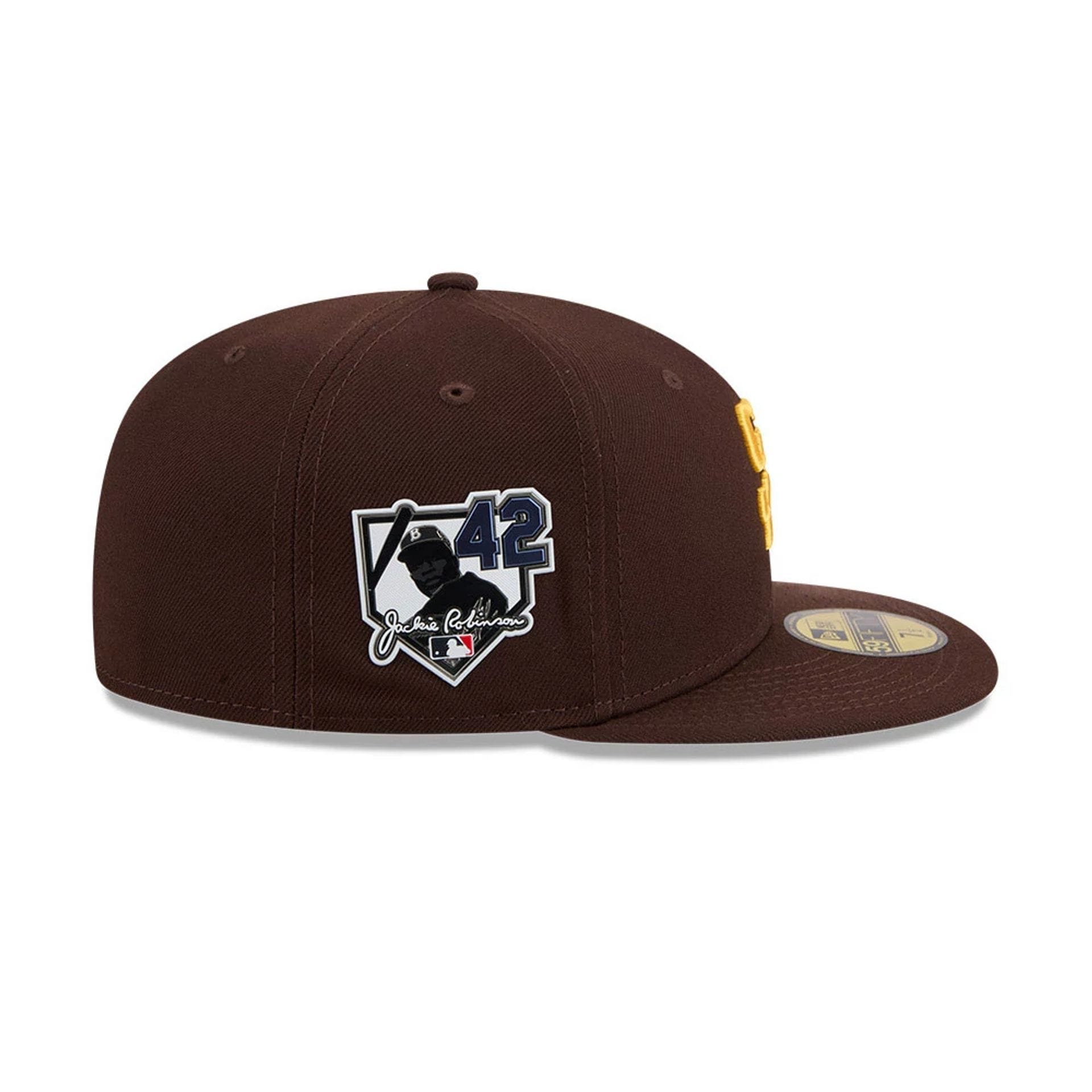 Pictured is this MLB Jackie Robinson San Diego Padres 59FIFTY Fitted cap in dark brown. 5