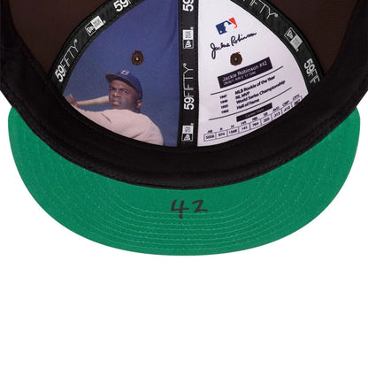 Pictured is this MLB Jackie Robinson San Diego Padres 59FIFTY Fitted cap in dark brown. 8