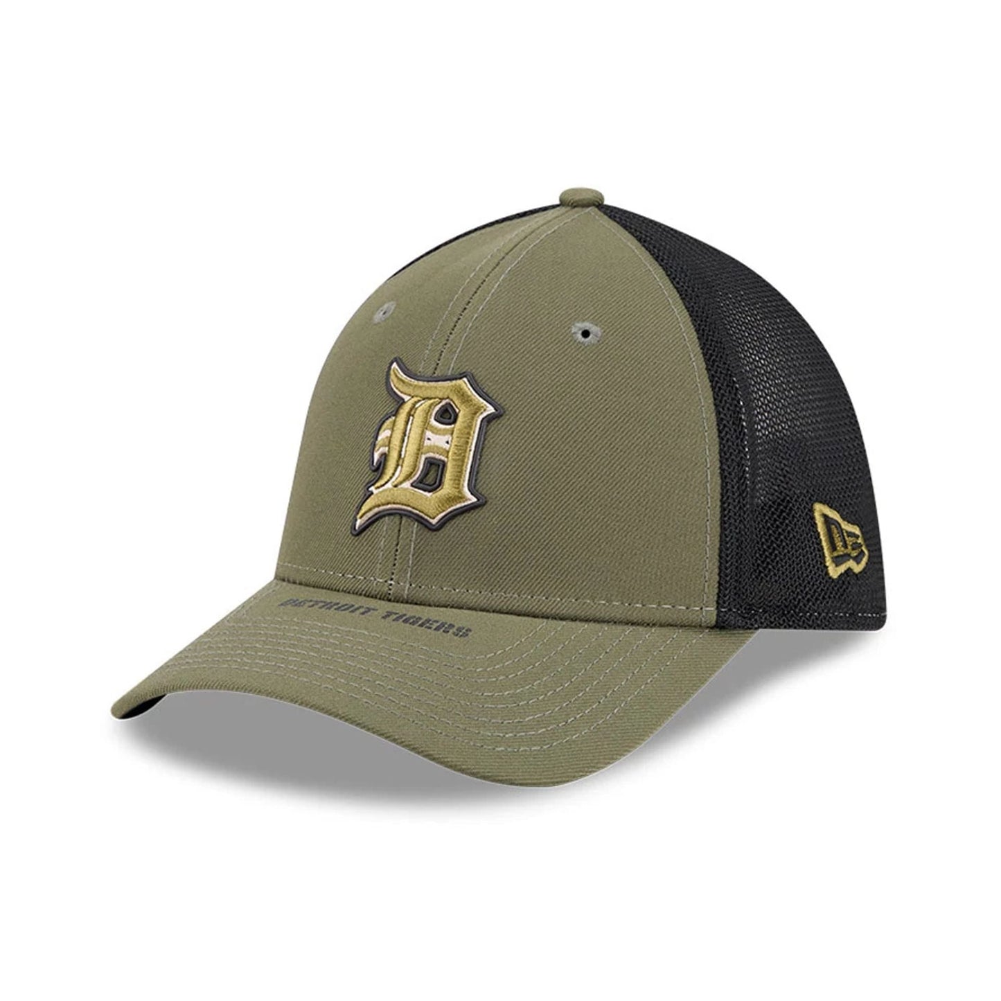 Pictured is this MLB Armed Forces Day 2026 Detroit Tigers 39THIRTY M-Crown Stretch Fit cap in green. 3
