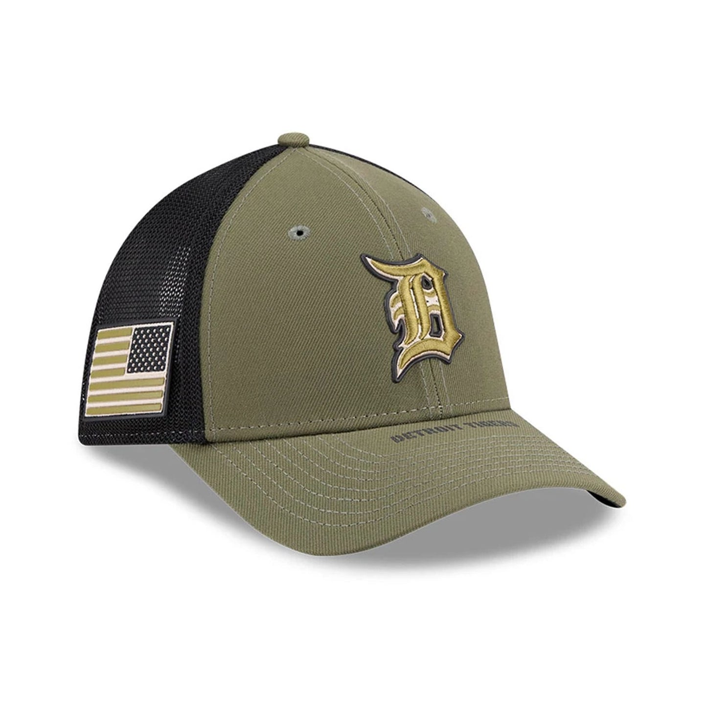 Pictured is this MLB Armed Forces Day 2026 Detroit Tigers 39THIRTY M-Crown Stretch Fit cap in green. 1