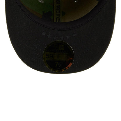 LA Dodgers MLB Armed Forces Day 2026 Green Low Profile New Era 59FIFTY Fitted Cap, inside view showing the camo print undervisor with black stars, gold 59FIFTY size sticker on the black visor, and camo pattern taping.