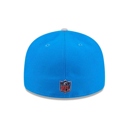 Detroit Lions NFL Draft 2026 Blue New Era 59FIFTY Fitted Cap, rear view showing the embroidered NFL logo at the centre back of the bright blue crown, complemented by eyelets and a contrasting grey top button.