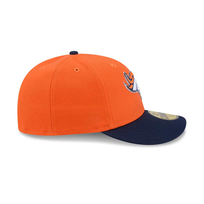 Denver Broncos NFL Draft 2026 Orange New Era 59FIFTY Fitted Cap, side view showing the embroidered Broncos logo on the front panel, with an orange structured crown, navy flat visor, and a gold 59FIFTY size sticker on the top of the visor.