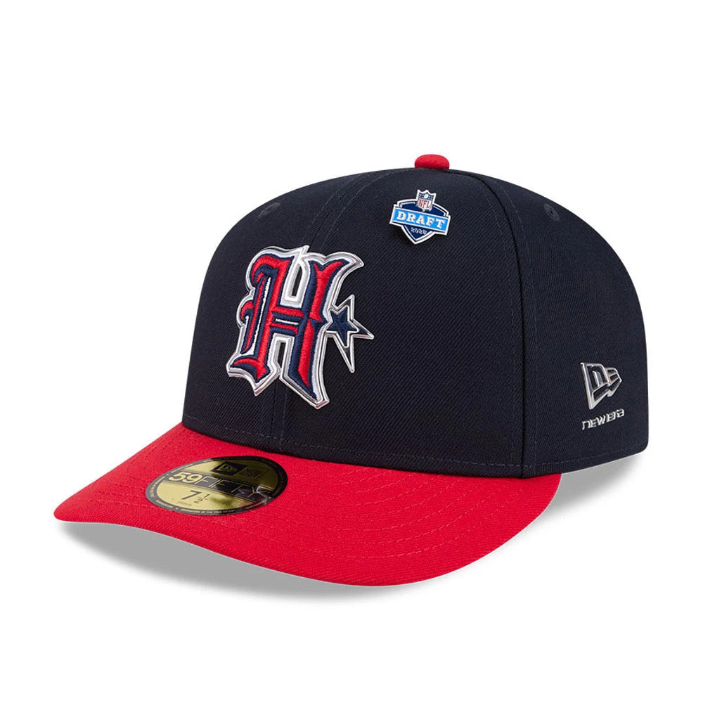 Houston Texans NFL Draft 2026 Navy New Era 59FIFTY Fitted Cap, three-quarter view showing a raised red, white, and navy team logo on the front panel, red flat visor with a gold 59FIFTY size sticker, and a silver New Era flag logo on the left side.