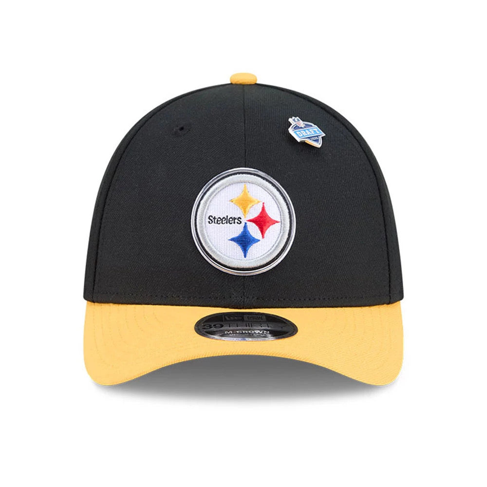Pictured is this NFL Draft 2026 Pittsburgh Steelers 39THIRTY M-Crown Stretch Fit cap in black. 2