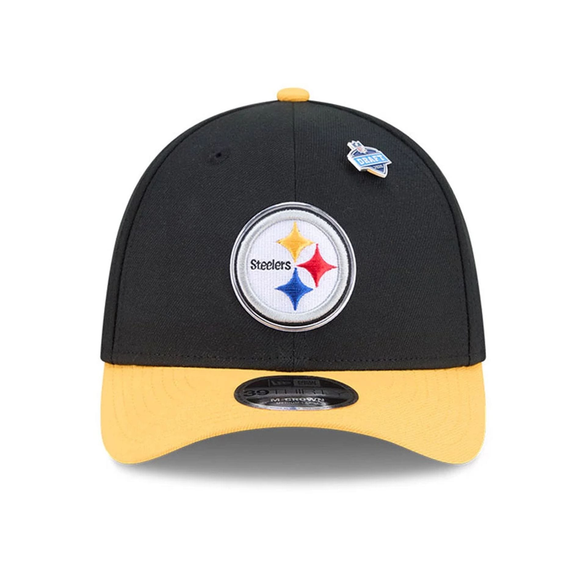 Pictured is this NFL Draft 2026 Pittsburgh Steelers 39THIRTY M-Crown Stretch Fit cap in black. 2