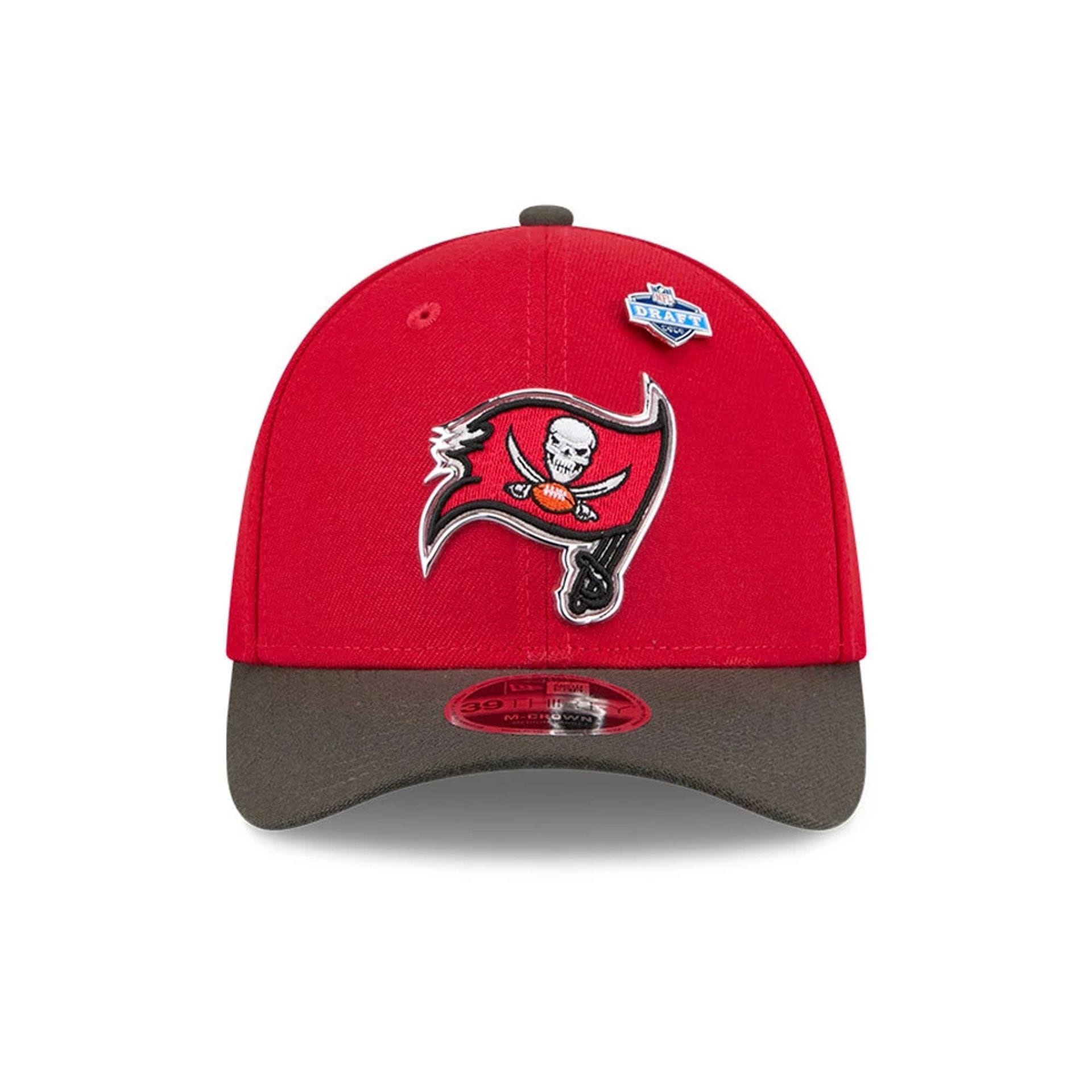 Pictured is this NFL Draft 2026 Tampa Bay Buccaneers 39THIRTY M-Crown Stretch Fit cap in red. 3