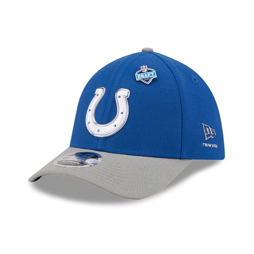 Pictured is this NFL Draft 2026 Indianapolis Colts 39THIRTY M-Crown Stretch Fit cap in blue. 1