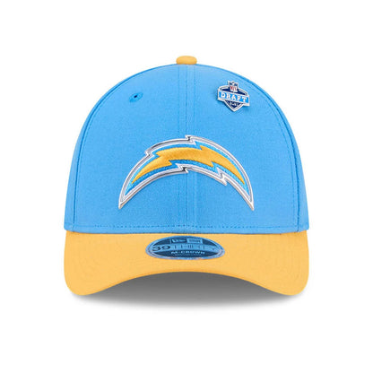LA Chargers NFL Draft 2026 Blue New Era 39THIRTY M-Crown Stretch Fit Cap, front view showing the raised embroidered yellow and white Chargers logo on the front panel, with a contrasting yellow visor and a blue 39THIRTY size sticker.
