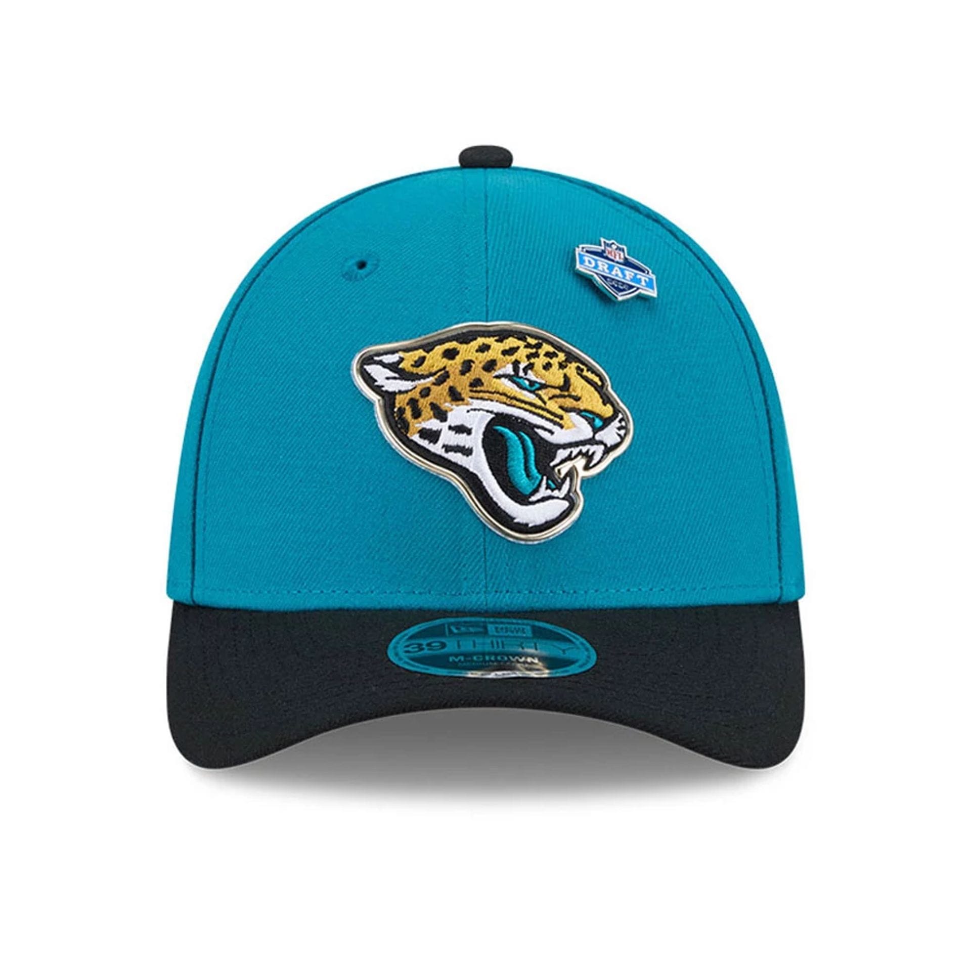 Pictured is this NFL Draft 2026 Jacksonville Jaguars 39THIRTY M-Crown Stretch Fit cap in turquoise. 3
