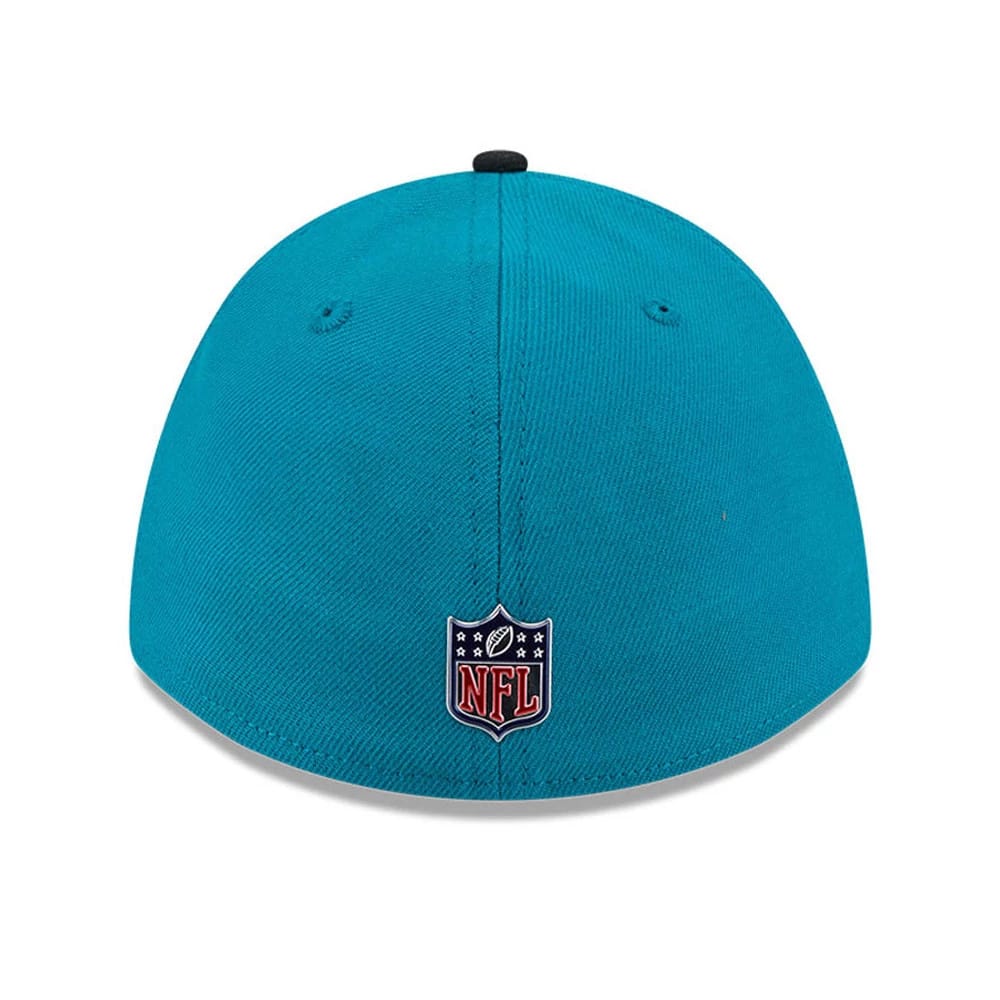 Pictured is this NFL Draft 2026 Jacksonville Jaguars 39THIRTY M-Crown Stretch Fit cap in turquoise. 5