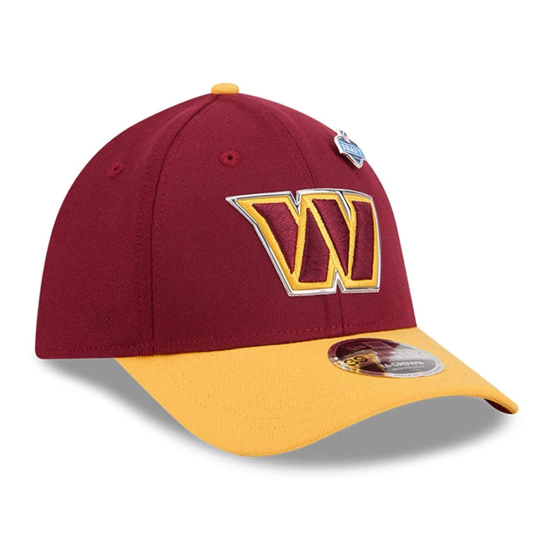 Pictured is this NFL Draft 2026 Washington Commanders 39THIRTY M-Crown Stretch Fit cap in dark red. 3