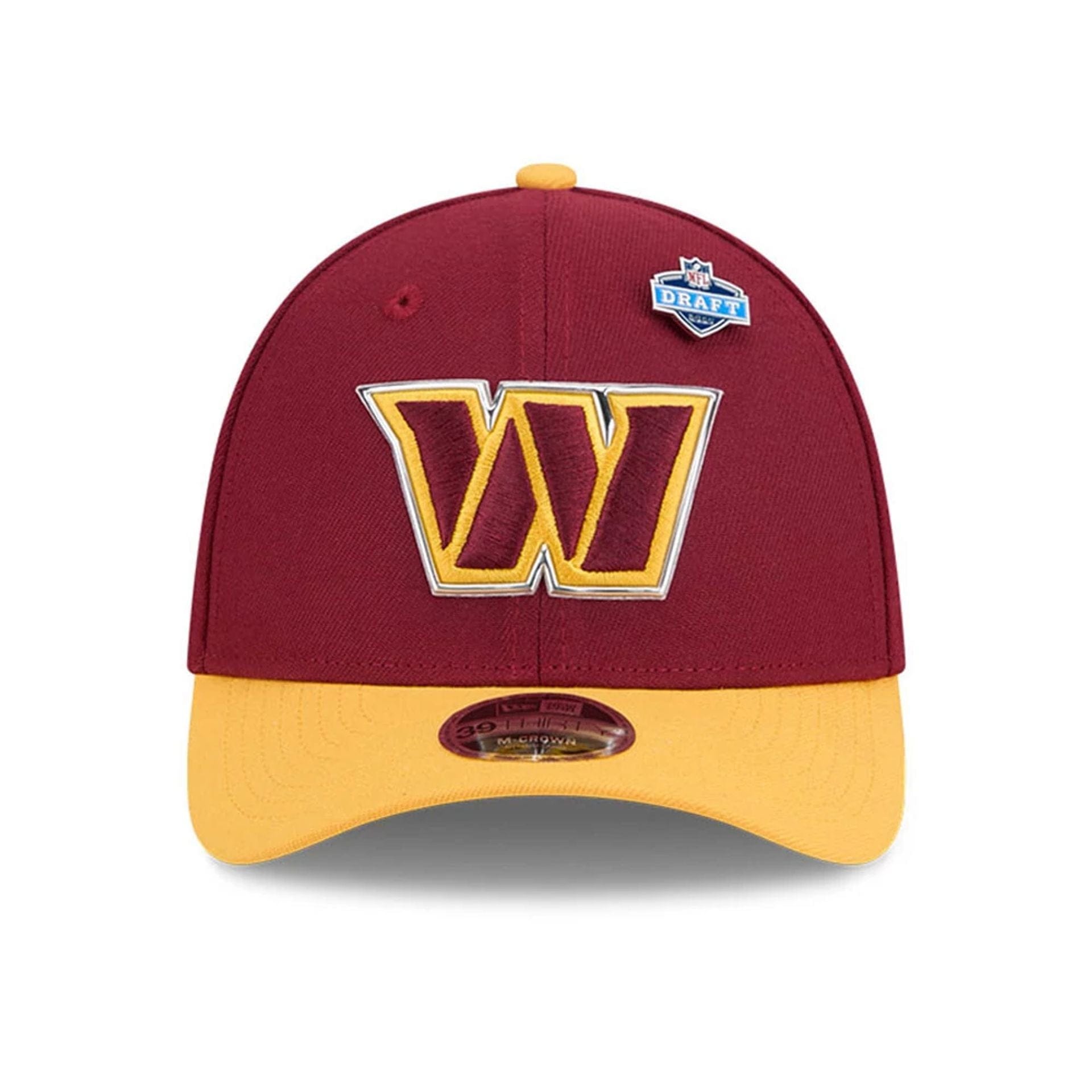 Pictured is this NFL Draft 2026 Washington Commanders 39THIRTY M-Crown Stretch Fit cap in dark red. 2