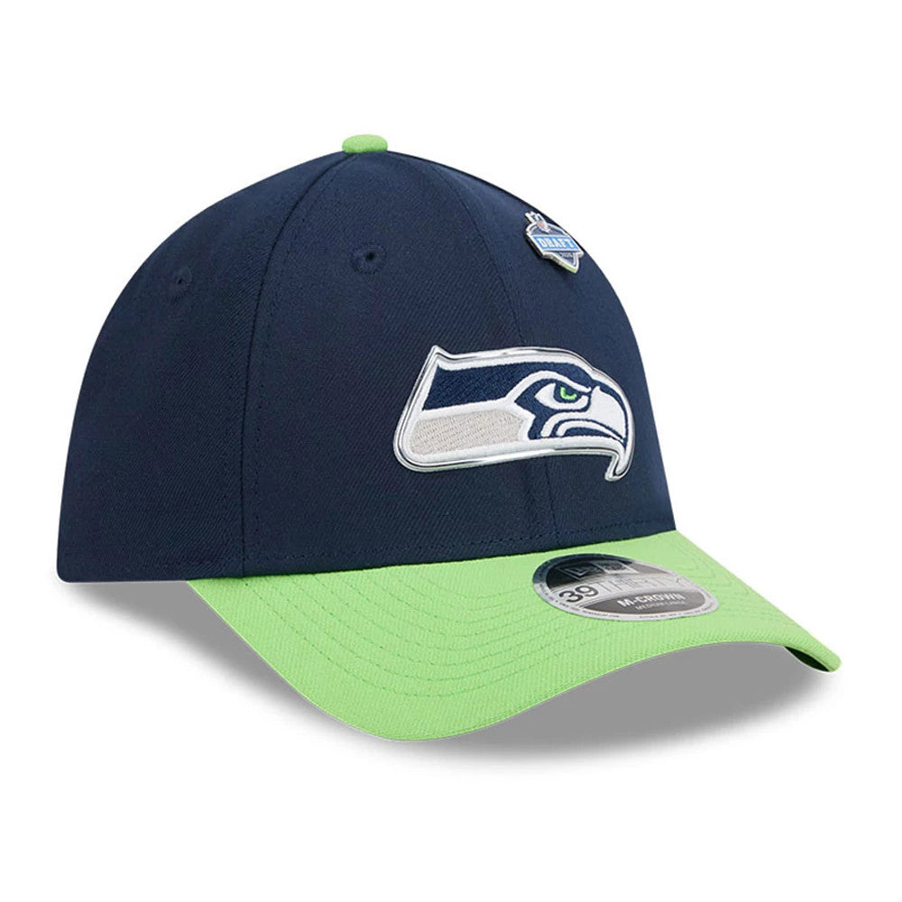 Pictured is this NFL Draft 2026 Seattle Seahawks 39THIRTY M-Crown Stretch Fit cap in dark blue. 4