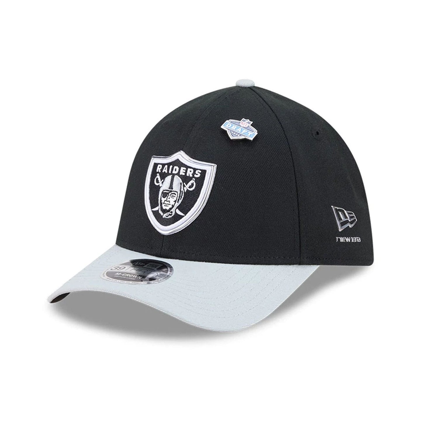 Pictured is this NFL Draft 2026 Las Vegas Raiders 39THIRTY M-Crown Stretch Fit cap in black. 1