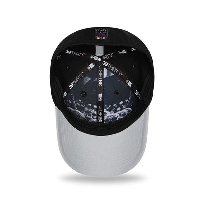 Pictured is this NFL Draft 2026 Las Vegas Raiders 39THIRTY M-Crown Stretch Fit cap in black. 2
