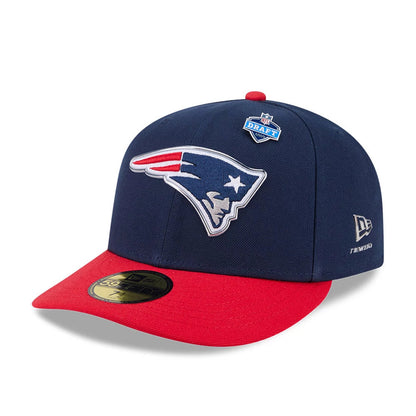 New England Patriots NFL Draft 2026 Dark Blue New Era 59FIFTY Fitted Cap, front view showing a white and red Patriots logo in raised embroidery on the dark blue panels, with a red visor and gold 59FIFTY size sticker.