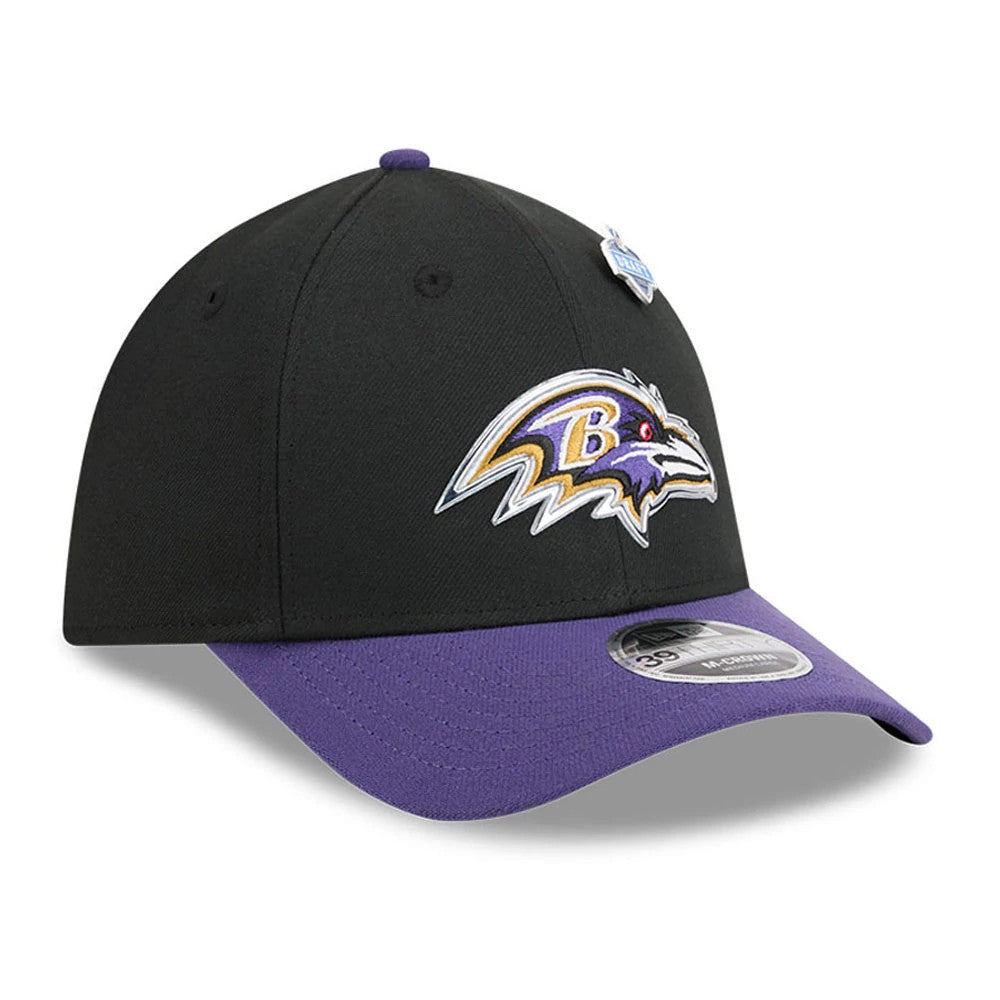 Pictured is this NFL Draft 2026 Baltimore Ravens 39THIRTY M-Crown Stretch Fit cap in black. 4