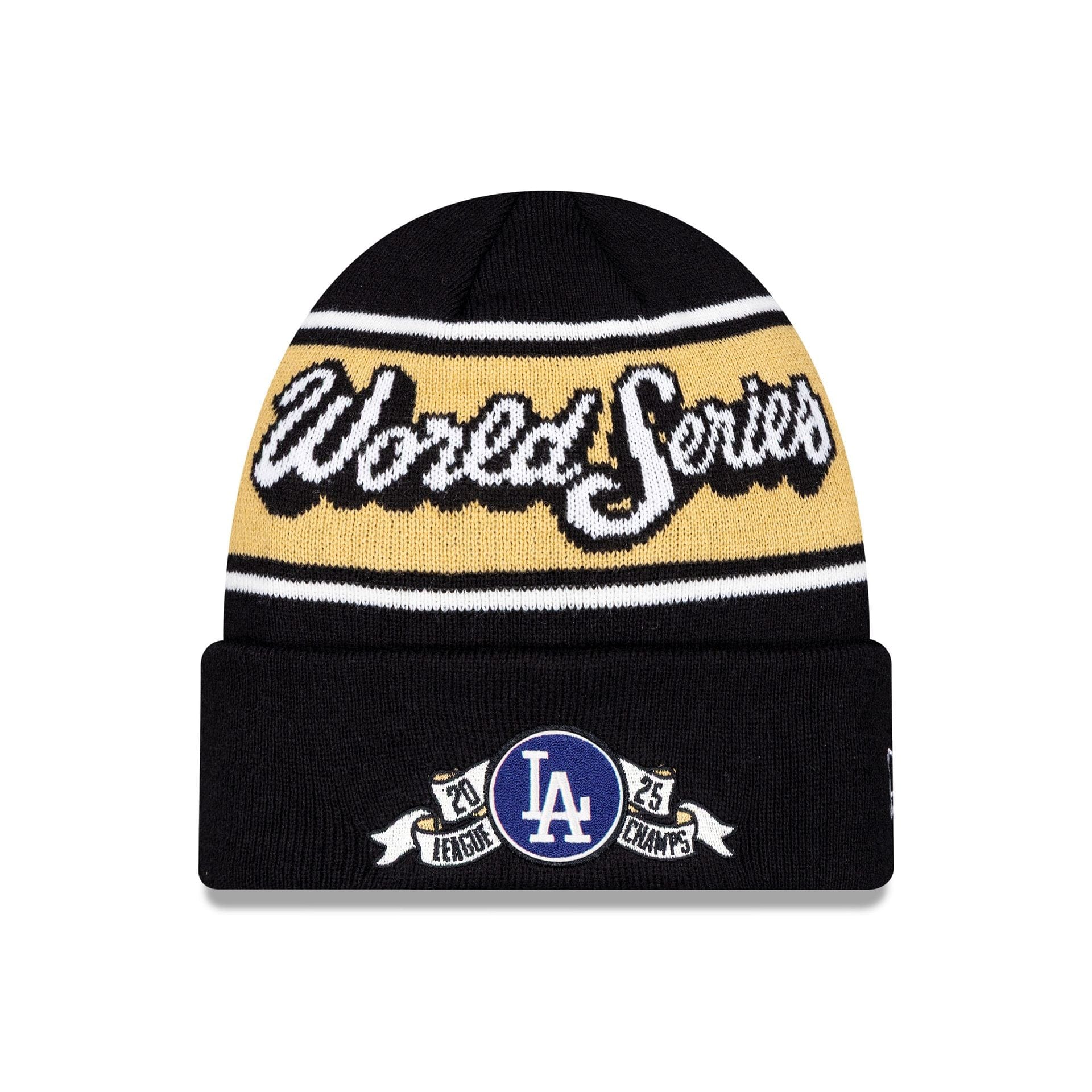 Pictured is this LA Dodgers MLB League Championship Series 2025 Cuff Knit Beanie hat in black. 1