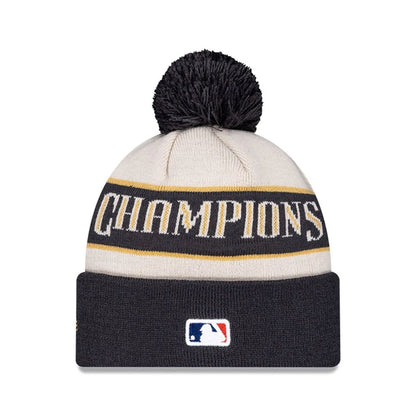 Pictured is this LA Dodgers MLB World Series Champions 2025 White Bobble Knit Beanie hat. 2