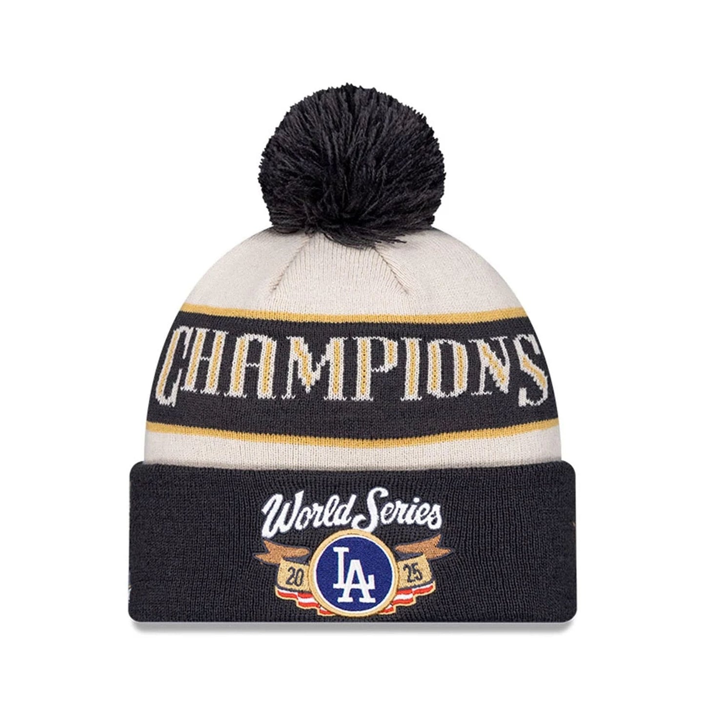 Pictured is this LA Dodgers MLB World Series Champions 2025 White Bobble Knit Beanie hat. 1