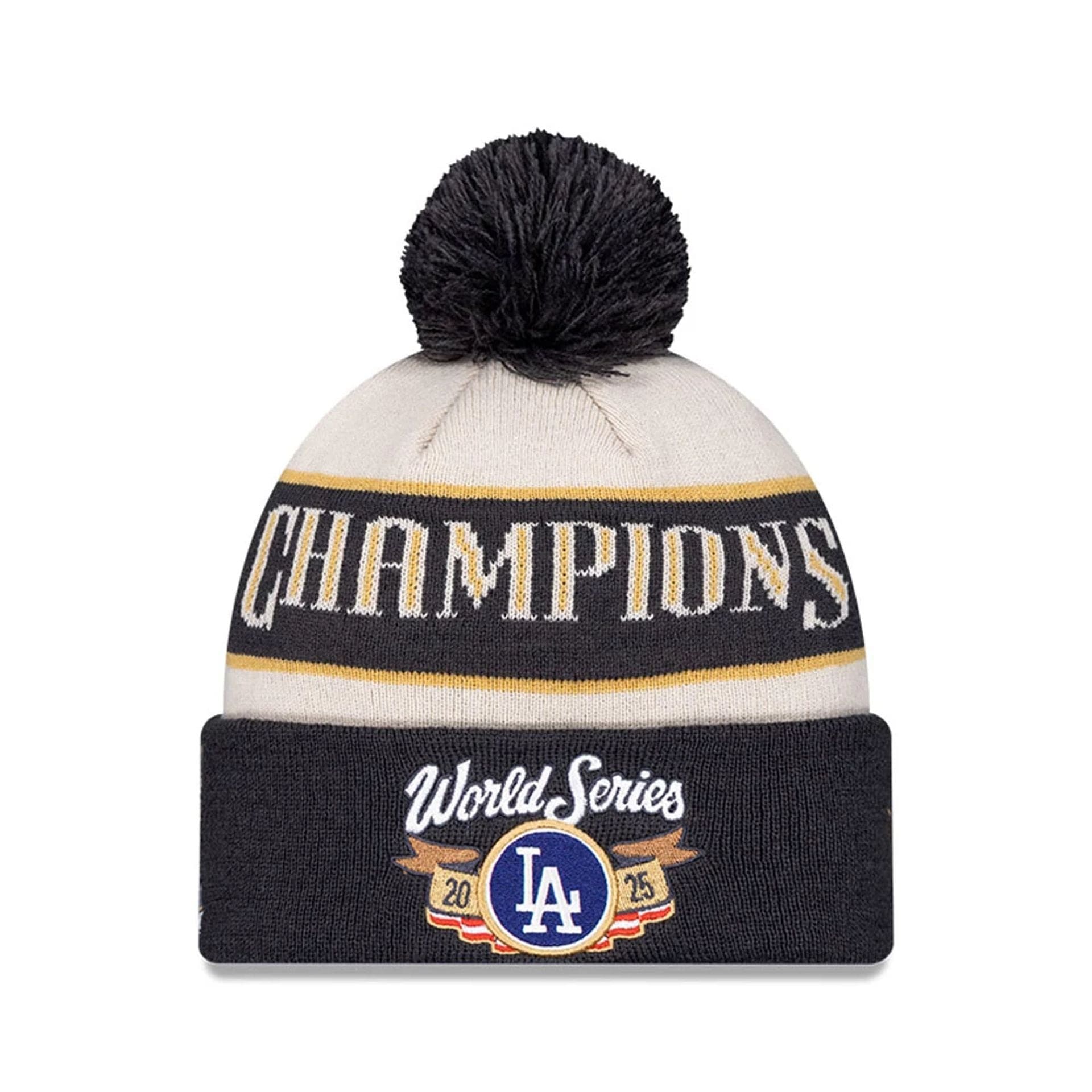 Pictured is this LA Dodgers MLB World Series Champions 2025 White Bobble Knit Beanie hat. 1