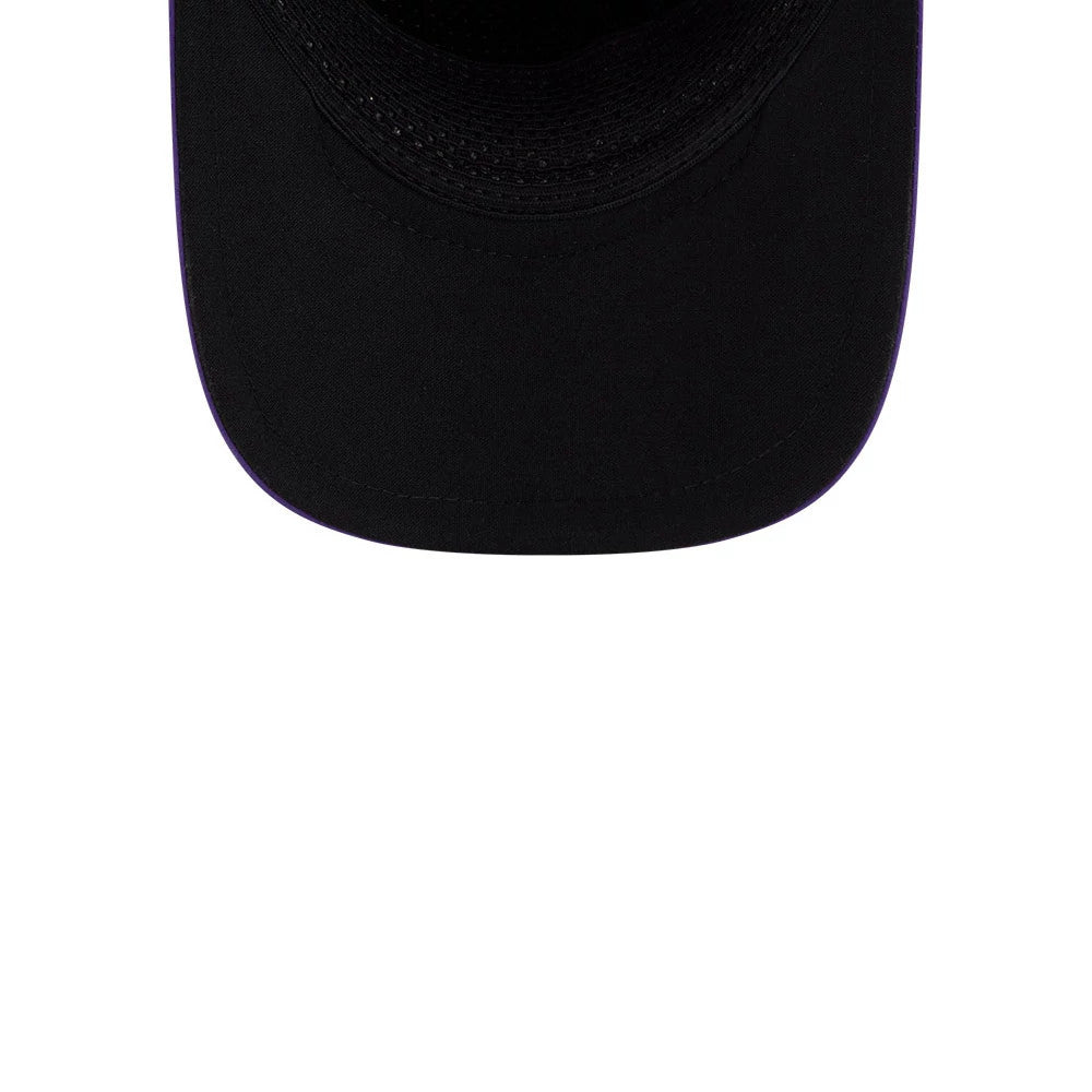 LA Lakers NBA Quickstrike Purple New Era 9FORTY Apex Adjustable Cap, inside view showing the black sweatband lining the interior with stitching details around the edges, and a dark-coloured undervisor complementing the cap's structured design.