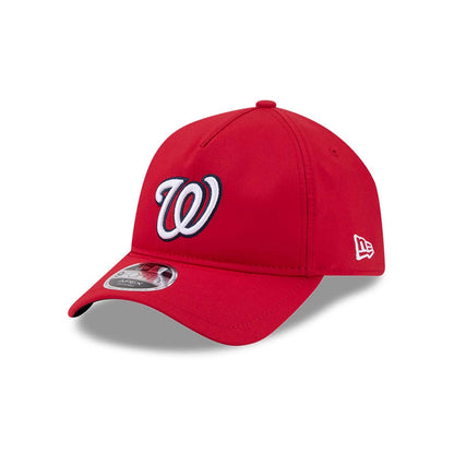 Washington Nationals MLB Quickstrike Red New Era 9FORTY Apex Adjustable Cap, three-quarter view showing the raised white W logo outlined in navy on the red front panel, with the New Era flag logo embroidered white on the left side.